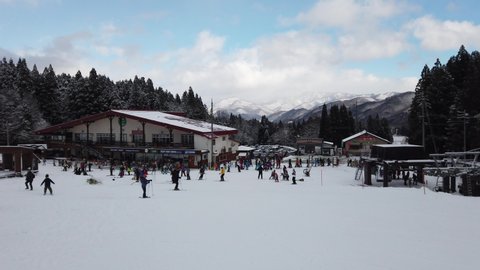 Hakuba, Japan - December 27,2019 : Many people enjoy skiing at Hakuba Goryu Snow Resort in Hakuba, Japan on December 27,2019.
