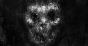 Scary animation of evil skull face. Dark theme movie. Black and white horror video for Halloween. Abstract motion graphics for music clips and VJ loops. Grunge, flicker, dirty, coal and noise effects.