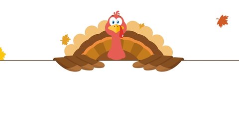 Turkey Bird Cartoon Character Over A Blank Sign. 4K Animation Video Motion Graphics With White Background