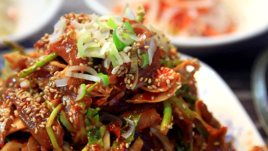 Seasoned anchovy sashimi and Roasted Anchovy is traditional Korean food. Gijang, Busan, Korea is the most famous for anchovy, so you can try in various traditional Korean food made of anchovy.