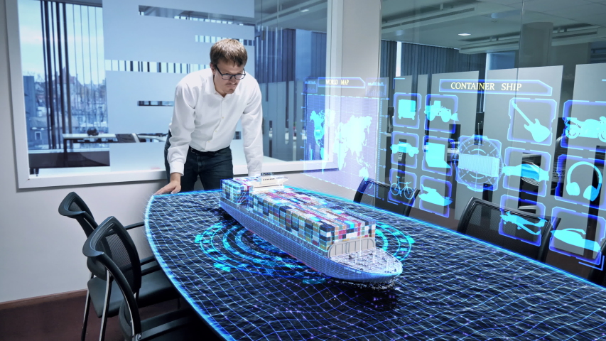 Professional engineer in the office is working on a virtual 3D project of a container ship.VFX 3D rendering of a container ship. Royalty-Free Stock Footage #1058214397