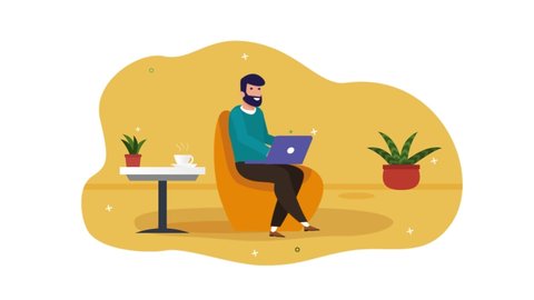 A man sits at a soft and on a laptop. resolution working from home, desk job illustration footage.