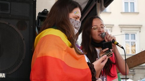 KRAKOW, POLAND - AUGUST 29, 2020: Justyna Boloz from the Queerowy Maj Association, during her speech at the Krakow Equality March (Pride parade) at the Main Market Square.