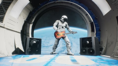 Astronaut on a spaceship playing guitar space rock n roll. Looping animation is designed for fantastic, futuristic or space travel.