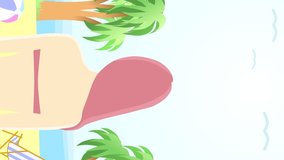 2d vertical loop animation of a girl on the beach back view on a tropical island with blank space for text, summer vacation concept. Copy space