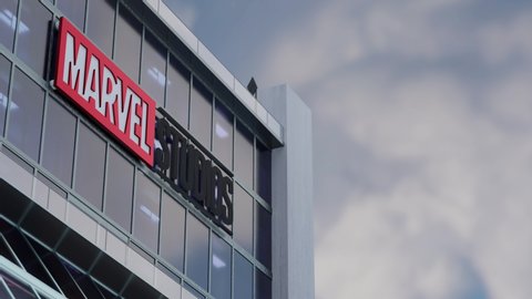 Marvel Studios, USA - SEPTEMBER 2019: 3D CGI Hyperlapse Animation of Marvel Studios. Marvel Studios, LLC is an American film and television studio that is a subsidiary of The Walt Disney Studios. 