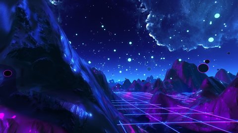 Futuristic flight through a trippy landscape seamless loop. High quality 3D animation with mountains, grid,balls live show, VJ background. 60 fps psychedelic flythrough in 4k