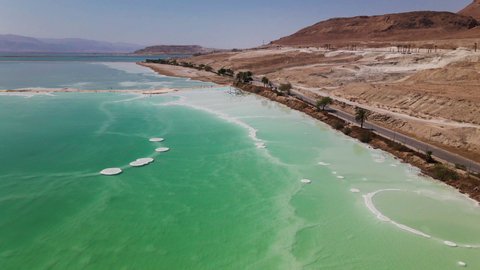 beautiful beaches of the dead sea in ein bokek in israel. aerial view. High quality 4k footage