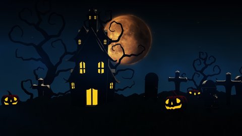 Halloween background with haunted house, bats and pumpkins, graves, at misty night spooky with fantastic big moon in sky. 3D animation rendered in 4K