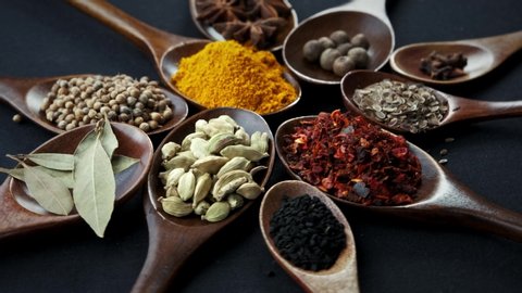 Various Indian Spices of rotation black background.