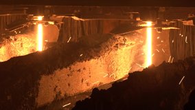 Mettallurgical equipment. Steel Billets at Torch Cutting. Red hot steel metal billets after molten steel casting. The video was shot hand-held while driving to the object.
