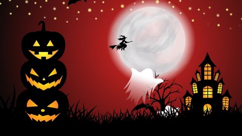 Halloween background animation with a stacked scary pumpkins on red night. Scary night of halloween with flying bats, ghosts, moon, shining stars, animated tree, grasses, and haunted castle