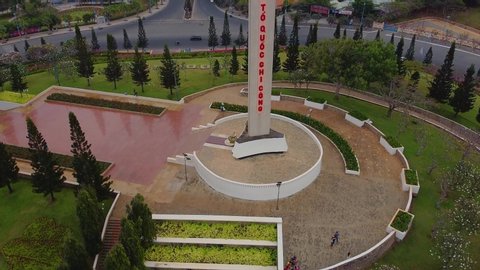Vung Tau, Vietnam - Feb 9 2020: Aerial view of Vung Tau War Memorial or Vung Tau martyrs memorial traffic roundabout. The biggest traffic roundabout in Vung Tau, Vietnam