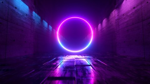 Endless flight in a futuristic dark corridor with neon lighting. A bright neon circle in front. Seamless loop 3d render