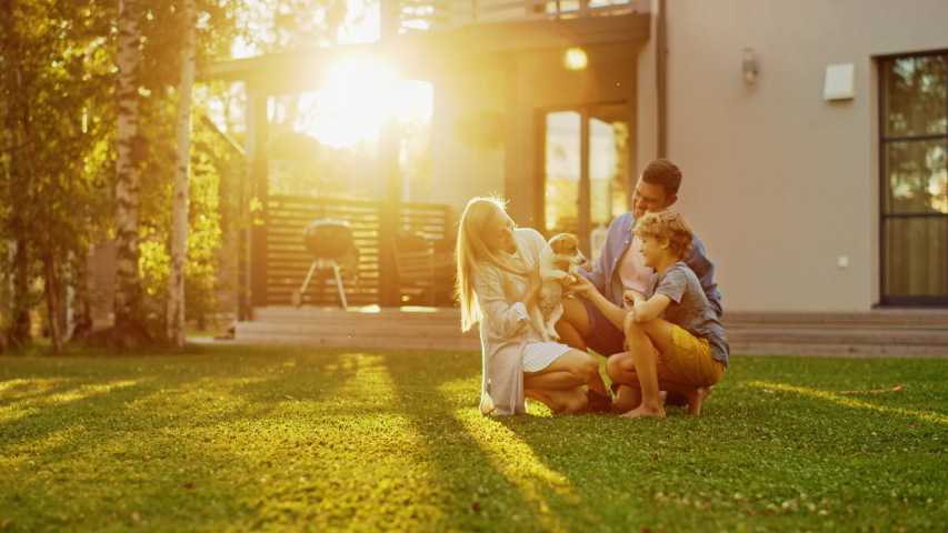Smiling Father, Mother and Son Pet and Play with Smooth Jack Russell Retriever Dog. Sun Shines on Idyllic Happy Family with Loyal Pedigree Dog have Fun at the Idyllic Suburban House Backyard Royalty-Free Stock Footage #1058261881