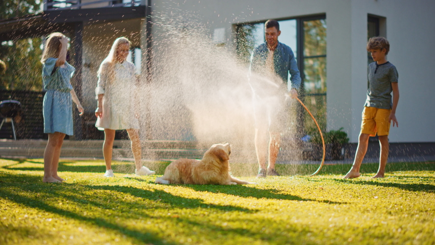 Smiling Father, Daughter, Son Play With Loyal Golden Retriever Dog, Spraying Each other with Garden Water Hose. On a Sunny Day Family Having Fun Time Together Outdoors in Backyard. Slow Motion Shot Royalty-Free Stock Footage #1058261983