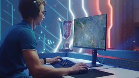 Professional eSports Gamer Plays RPG MOBA Mockup Video Game with Super Action and Fun Special Effects on His Personal Computer. Cyber Gaming Online Tournament Championship
