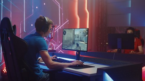 Tallinn, Estonia - 06/27/2020 EDITORIAL: Professional Esport Gamer Plays in Counter-Strike: Global Offensive Popular First-Person Shooter Video Game on a Championship. Cyber Tournament Live Streaming