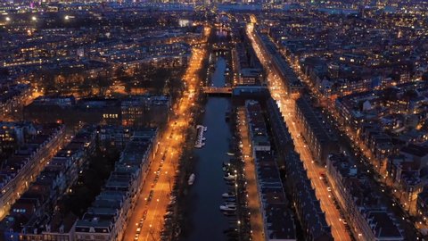 Amsterdam at night, aerial view, Amsterdam, Netherlands, drone footage