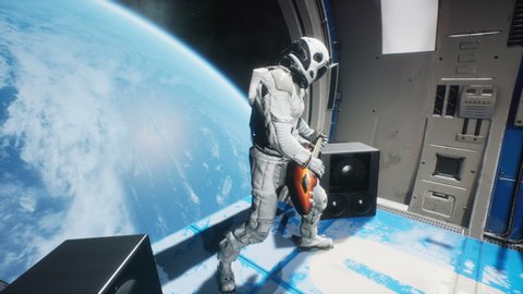 An astronaut on his spaceship plays space music on an electric guitar. Looping animation for fantasy, science fiction, or space backgrounds.