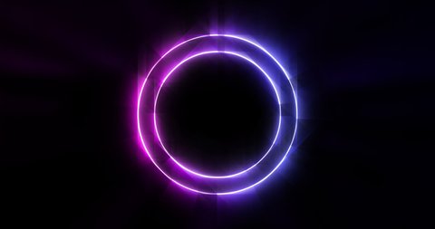Purple and blue neon circle on a dark moving background. Glowing and shining circle in purple, blue. Smooth animation of the object and light.