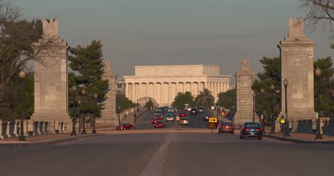 Lincoln Memorial-Memorial Bridge-Evening Sun with commuter auto traffic