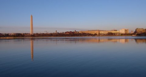 Wide Pan of Tidal Basin-Evening Sun in Winter with Washington Monument and Jefferson Memorial-Washington DC