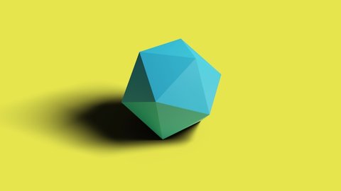 Icosahedron spinning on a yellow background and opening into a net. 3d animation. Platonic solids.