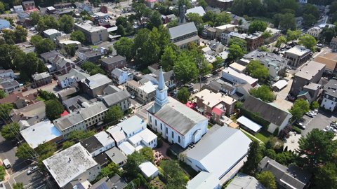 Overhead aerial view of the suburban area small town residential district with of Lambertville New Jersey USA near the historic city New Hope Pennsylvania