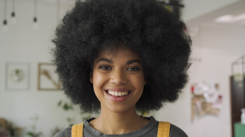 Happy stylish African American gen z hipster female student with Afro hair looks at camera stands in cozy cafe interior. Smiling mixed race young woman wears yellow sundress headshot portrait. Royalty-Free Stock Footage #1058278534
