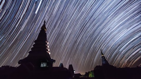 Star Trails Over King and Queen Pagoda Of Doi Inthanon Chiang Mai, Thailand (pan shot)