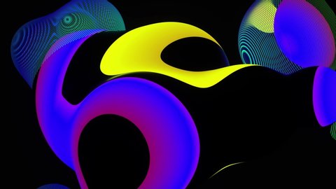 3d render with abstract art surreal alien substance based on deformed meta balls or spheres with parallel black lines pattern with purple yellow and green gradient neon light parts on black