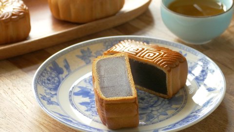 Chinese mid autumn festival food of mooncake with tea