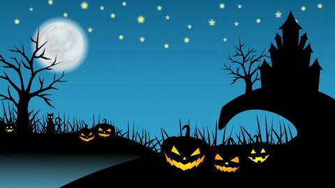 Halloween background animation with concept of blue background, flying witch, bats, ghosts, haunted castle, moon, shining stars, animated trees, grasses, blinked cat, and scary pumpkins
