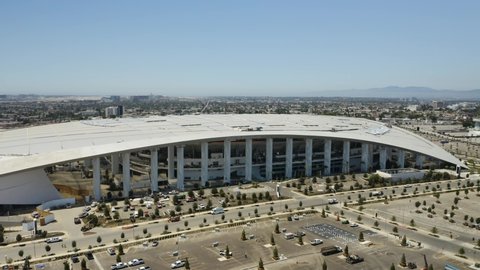Los Angeles , CA / United States - 08 14 2020: Birds Eye View of SoFi Stadium, Home of the NFL LA Rams and Chargers - Circle Left