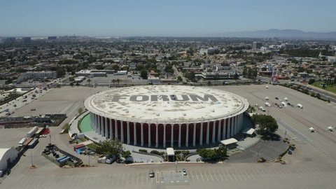 Los Angeles , California / United States - 08 14 2020: Drone Circles 'The Forum' in Los Angeles, California
