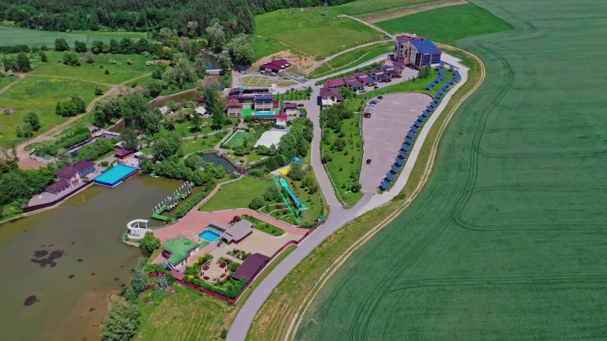 Aerial view of recreational facilities. Aerial view of resort area in suburban district