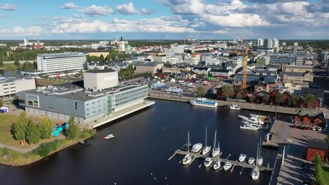 Oulu / Finland - August 31 2020: Aerial drone view to Market square Oulu, Finland