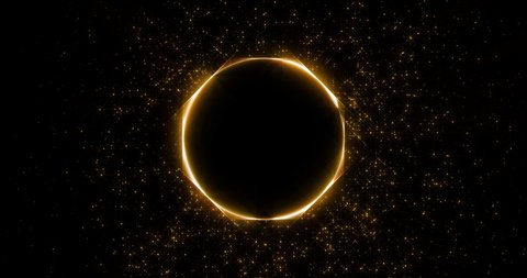 Spinning gold circle with sparkles and glitter. The appearance and disappearance of shiny objects. Reverse motion of luminous particles. Abstract animation of objects on a dark background.