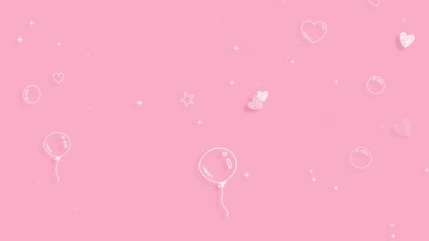 Looped comic doodle and scribble style balloons, hearts, stars, and bubbles on pink background animation.