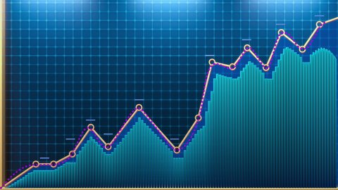 Beautiful 3D animation of rising arrows and blue bar graph. A diagram is showing increasing profits or losses.
Financial or medical 4K 3D animation.  Dark Blue background. 
