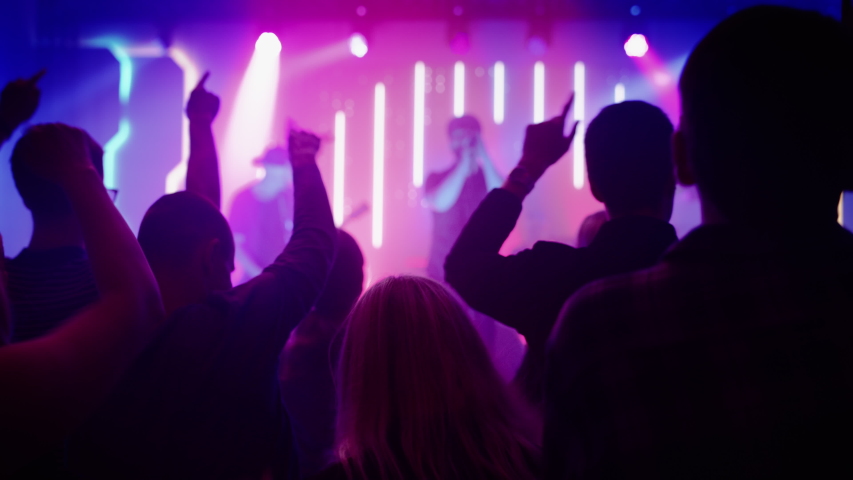 Person is Making a Heart Sign Gesture and Holding Hands Up at a Performance. Rock Band Playing a Song at a Concert in a Night Club on Stage with Bright Colorful Strobing Lights. Royalty-Free Stock Footage #1058308912