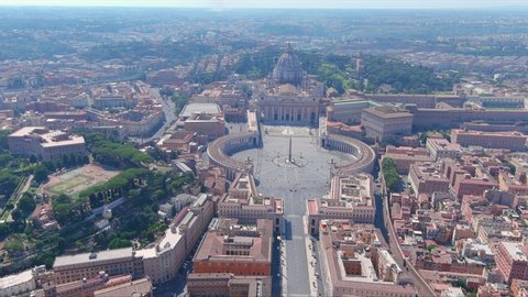 Aerial view of cityscape of Vatican City in Rome, St. Peter's Basilica (The Dome) and St. Peter's Square - landscape panorama of Italy from above, Europe