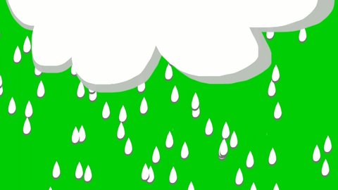 4K white cloud Rain cartoon animation on green screen. Animation water drop, drop down rain with chroma key and illuminated