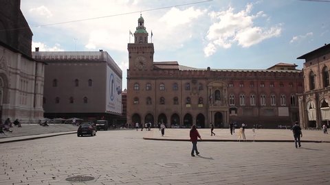 BOLOGNA, ITALY 17 JUNE 2020: View of Piazza Maggiore in Bologna, Italy full of people