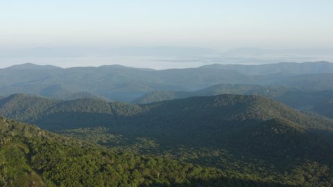 An aerial shot of Cole Mountain and the Appalachian Trail at dawn during summer. Located in the George Washington National Forest in the Blue Ridge Mountains in Amherst County, Virginia.