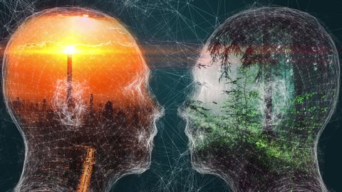 Nature vs technology, forest and city in human head, negative space. Conflict of urbanization, industrialization and natural green sustainable ways of life