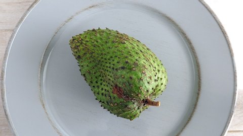 One whole soursop graviola, exotic, tropical fruit Guanabana on gray plate, Rotate. Food background