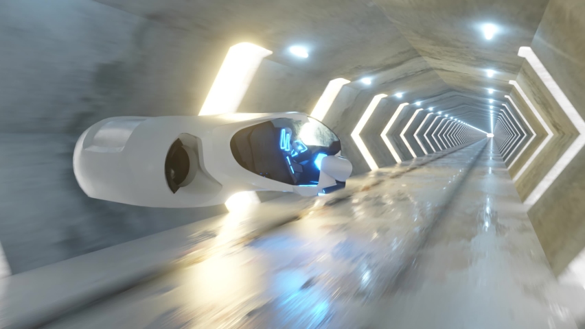 Flying a robot behind the wheel of a futuristic car in a long tunnel. Artificial intelligence and future concept. Seamless loop 3d render. Royalty-Free Stock Footage #1058333566