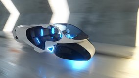 Flying a robot behind the wheel of a futuristic car in a long tunnel. Artificial intelligence and future concept. Seamless loop 3d render. - Powered by Shutterstock - Get 15% off with code: PIKWIZARD15